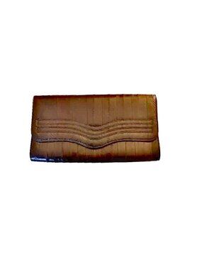 Brown Eel Leather Clutch Bag Fold-over Flap Snap Closure